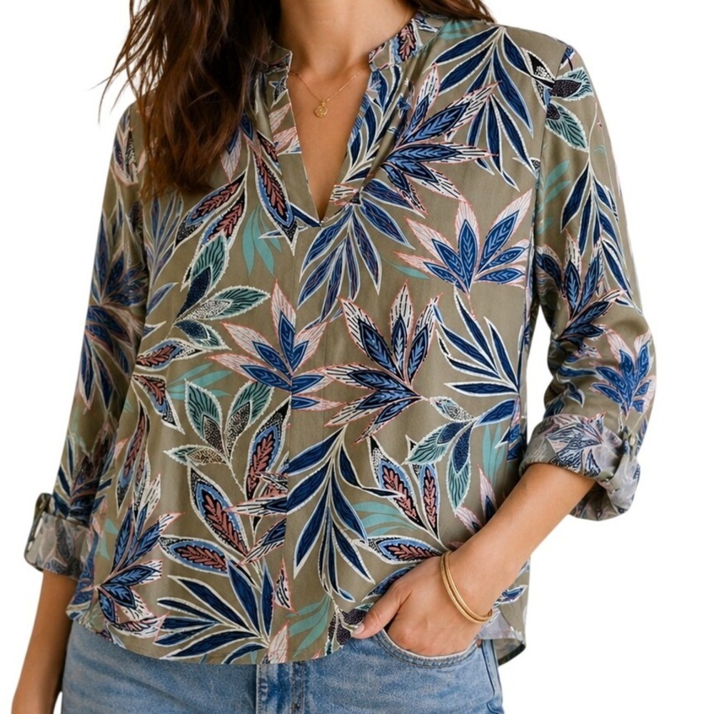 Amana V-Neck Blouse Womens Medium Taupe‎ Tropical Leaf Roll Tab 3/4 Sleeve Top